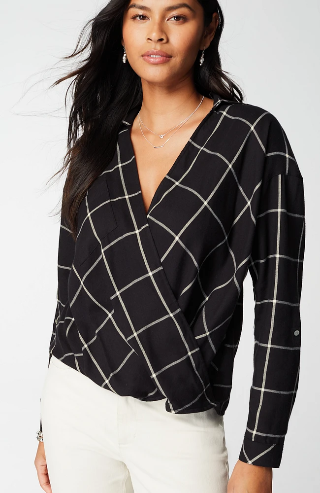 soft-brushed plaid twist-front shirt