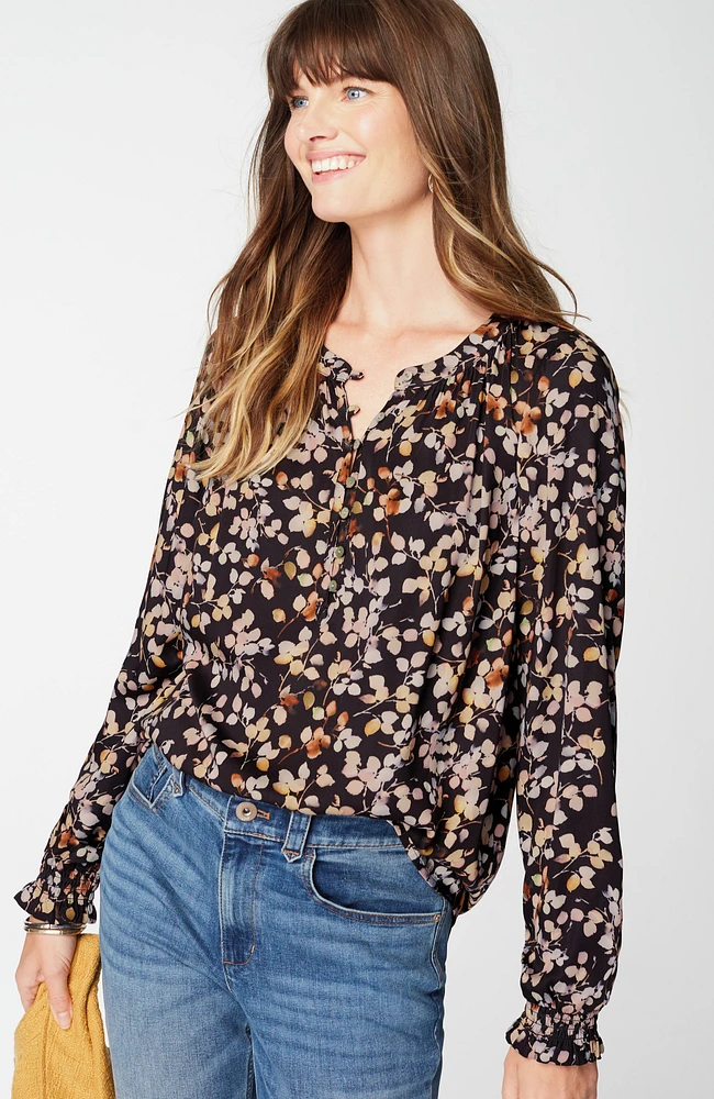 artistic leaves printed satin top