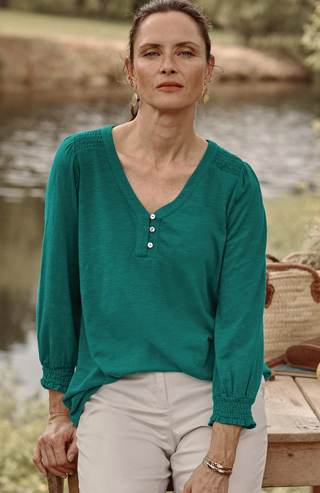 smocked-sleeve henley top