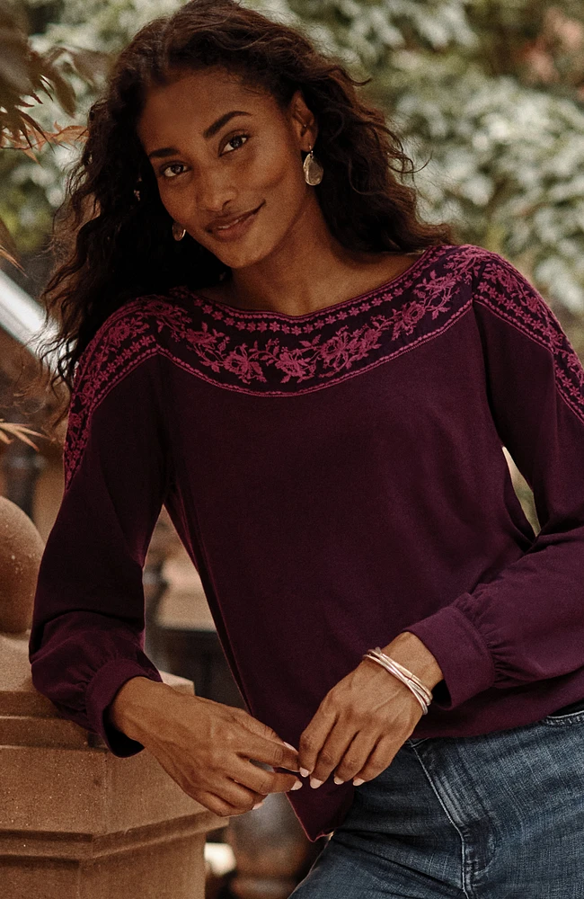 embroidered mixed-media top