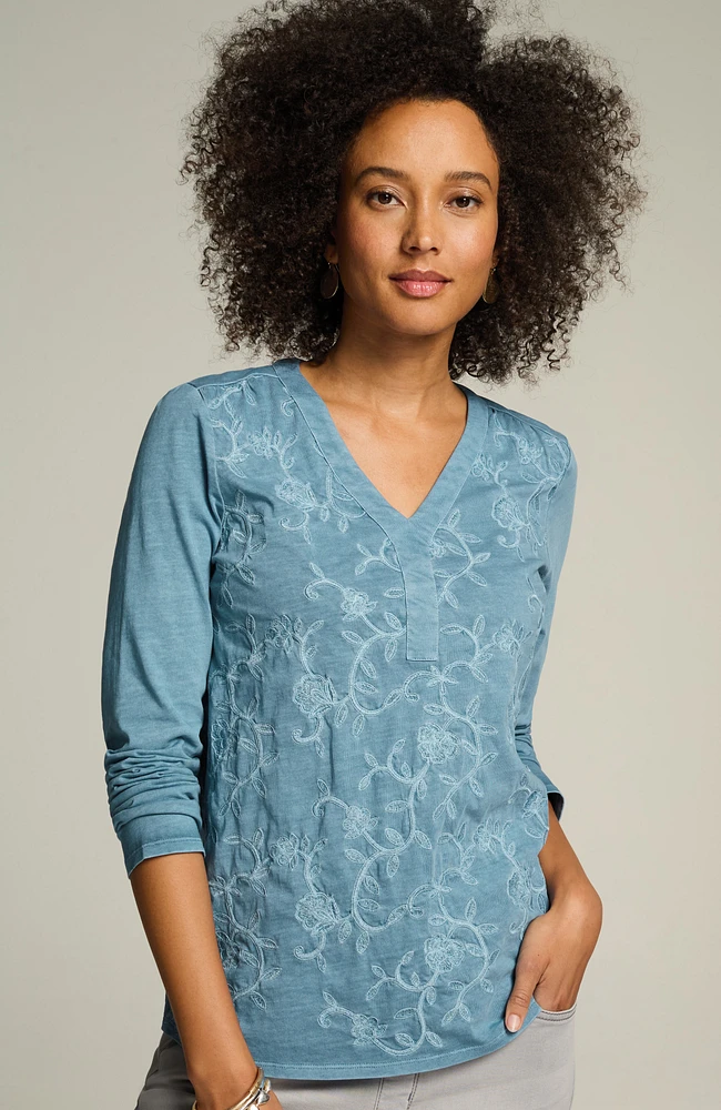 embroidered garment-dyed top