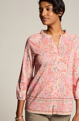 ruffle-neck button-front top