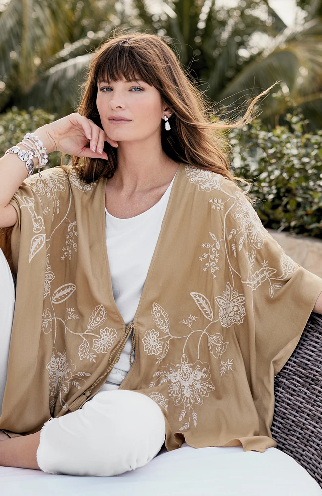 embroidered tie-front ruana