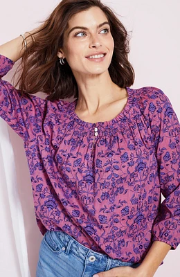 smocked floral-print top