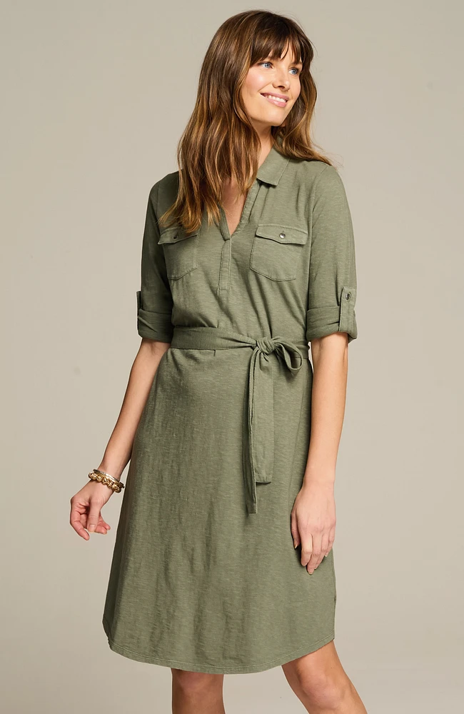 garment-dyed split-neck shirtdress