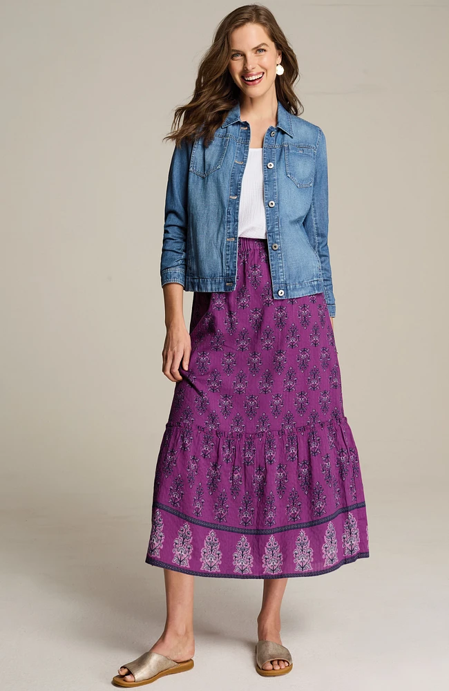 printed tiered midi skirt