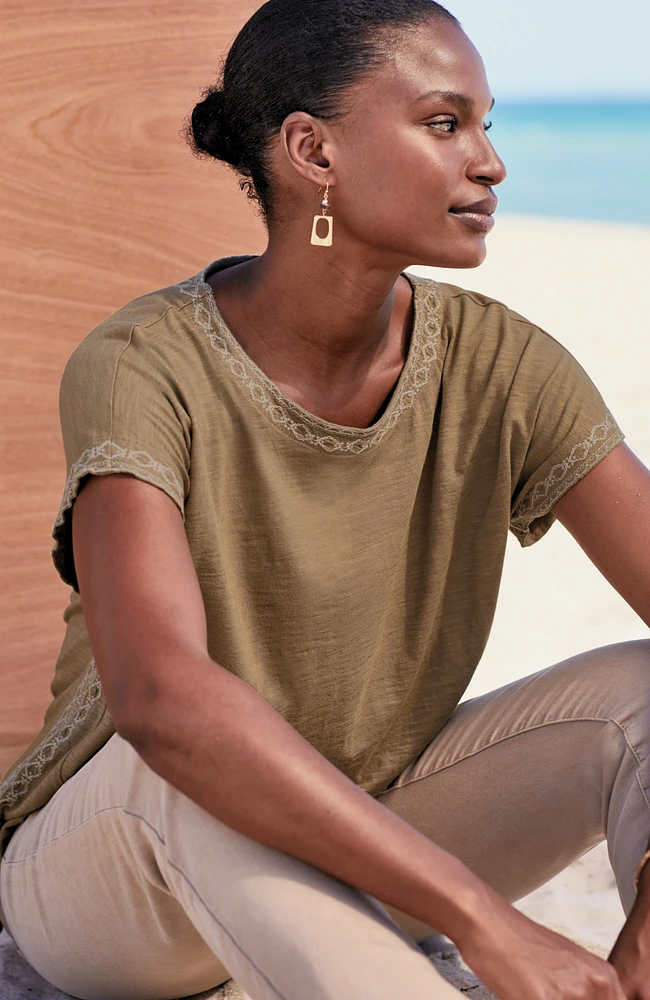 pure jill embroidered boat-neck top