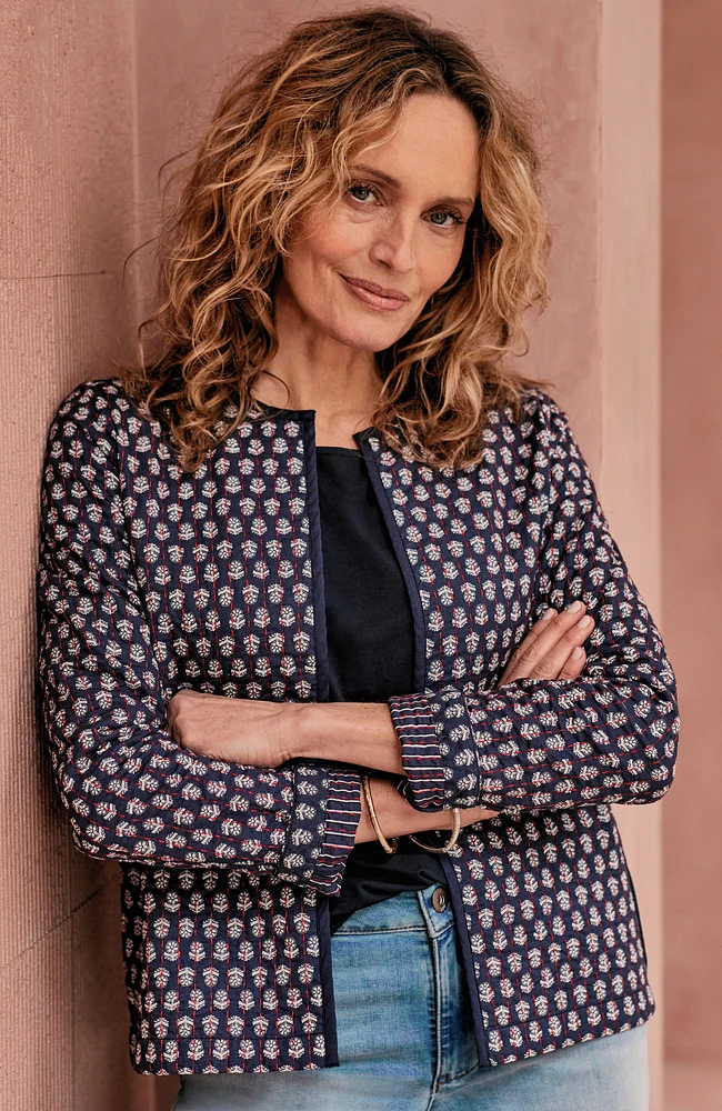 quilted open-front jacket