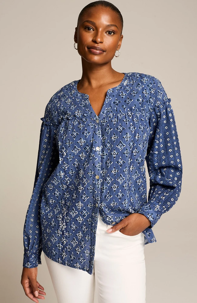 mixed-print seersucker top