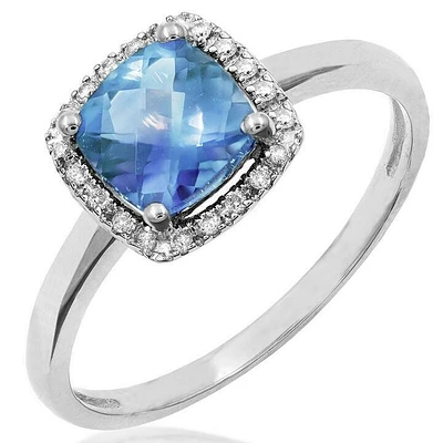 Cushion Blue Topaz Ring with Diamond Halo 14KT Gold