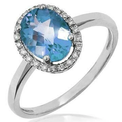 Oval Blue Topaz Ring with Diamond Halo 14KT Gold