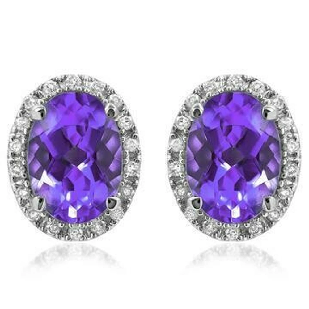 Oval Amethyst Stud Earrings with Diamond Frame 14KT Gold
