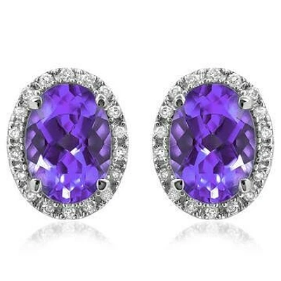 Oval Amethyst Stud Earrings with Diamond Frame 14KT Gold