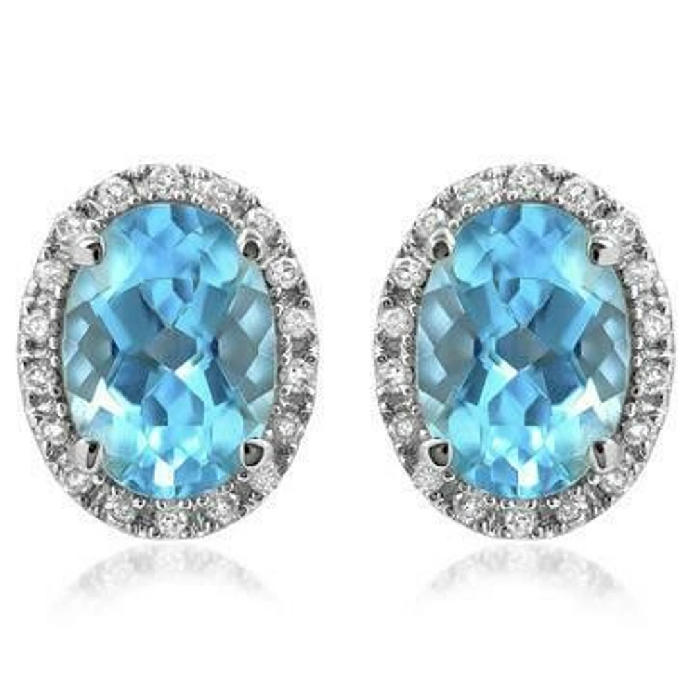 Oval Blue Topaz Stud Earrings with Diamond Frame 14KT Gold