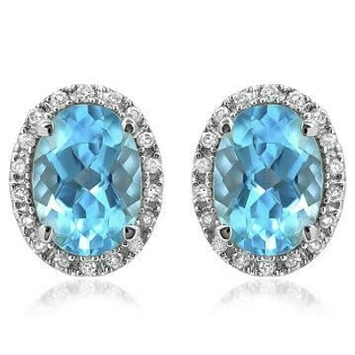 Oval Blue Topaz Stud Earrings with Diamond Frame 14KT Gold