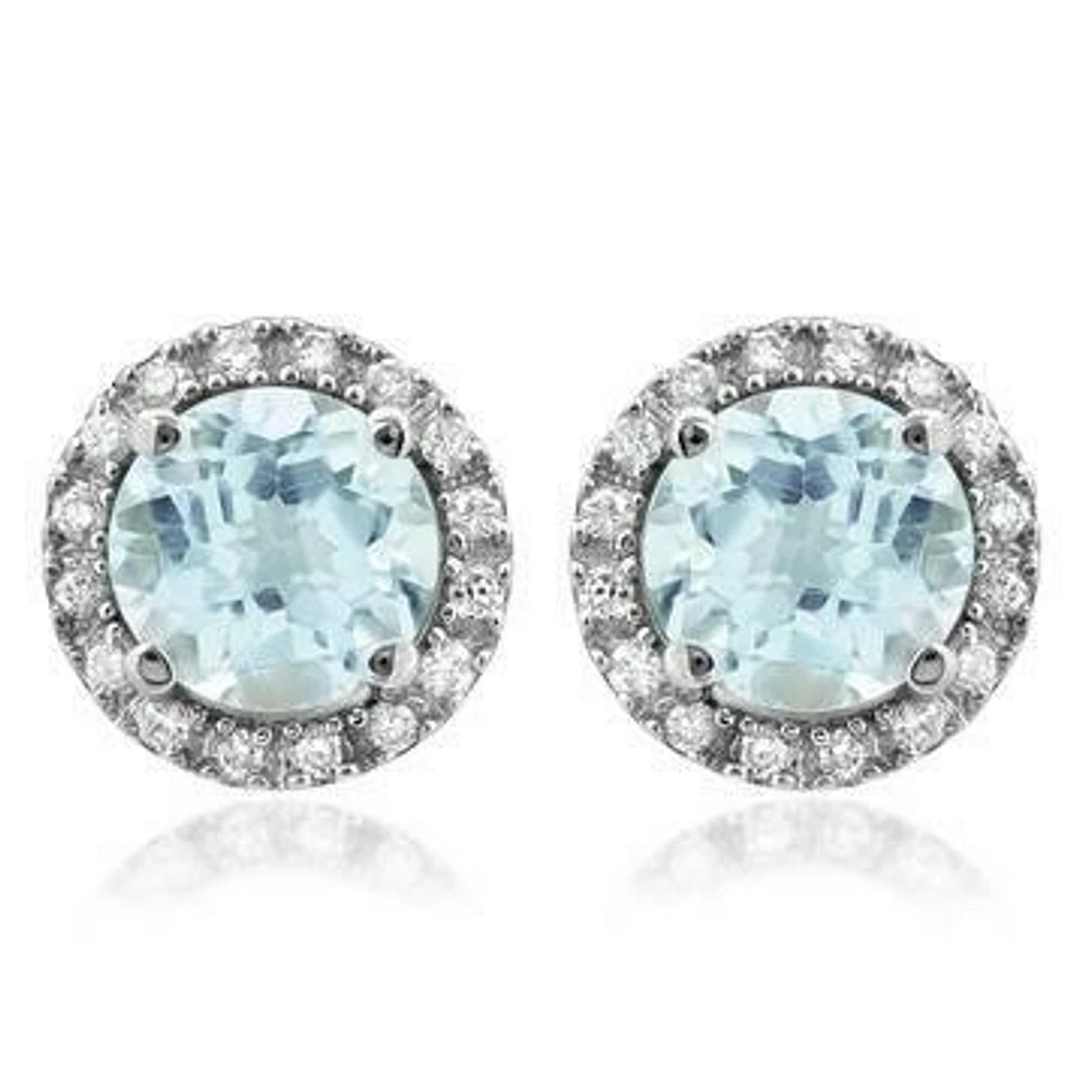 Aquamarine Stud Earrings with Diamond Halo 14KT Gold
