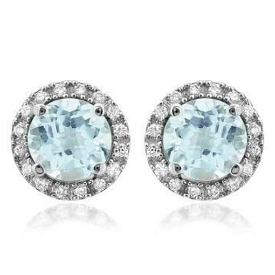 Aquamarine Stud Earrings with Diamond Halo 14KT Gold