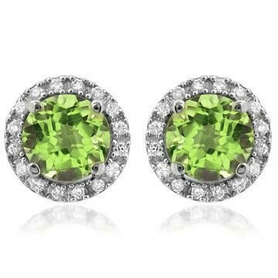 Peridot Stud Earrings with Diamond Halo 14KT Gold