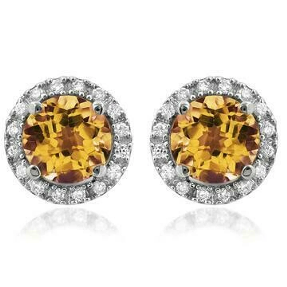 Citrine Stud Earrings with Diamond Halo 14KT Gold
