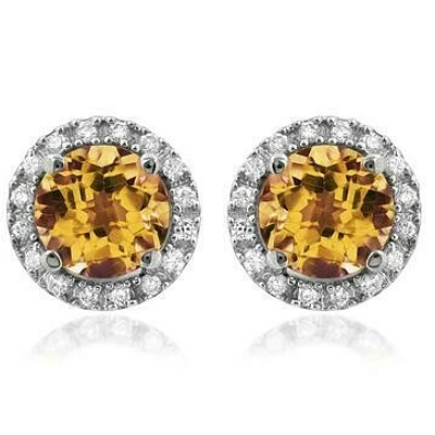Citrine Stud Earrings with Diamond Halo 14KT Gold