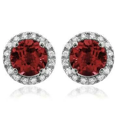 Garnet Stud Earrings with Diamond Halo 14KT Gold