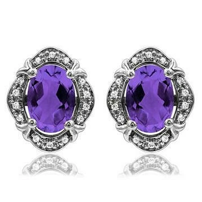 Vintage Inspired Oval Amethyst Earrings with Diamond Frame 14KT Gold