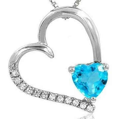 Tilted Heart Blue Topaz Pendant with Diamond Accent 14KT Gold
