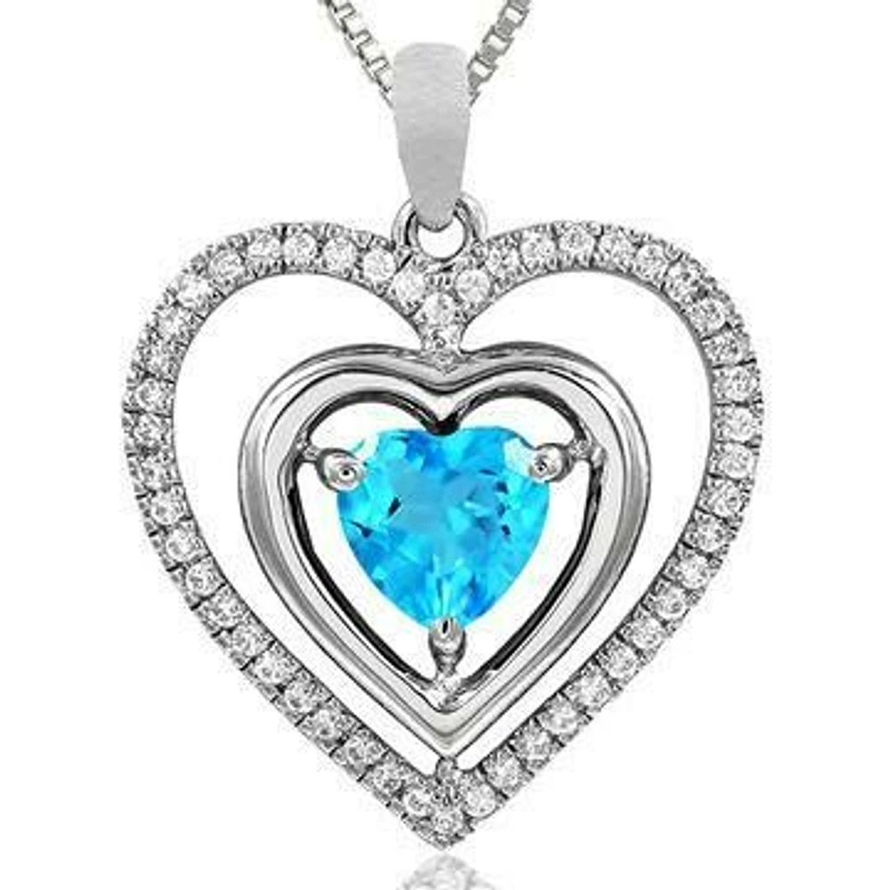 Double Heart Blue Topaz Pendant with Diamond Frame 14KT Gold