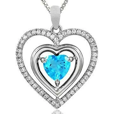 Double Heart Blue Topaz Pendant with Diamond Frame 14KT Gold