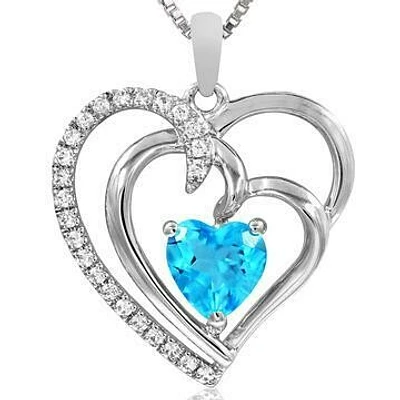Double Heart Blue Topaz Pendant with Diamond Accent 14KT Gold