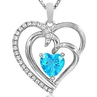 Double Heart Blue Topaz Pendant with Diamond Accent 14KT Gold