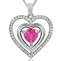 Double Heart Pink Topaz Pendant with Diamond Frame 14KT Gold
