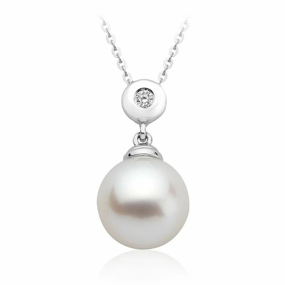 Cultured Freshwater Pearl & Diamond Bezel Set Pendant 0.02CTDI White Gold