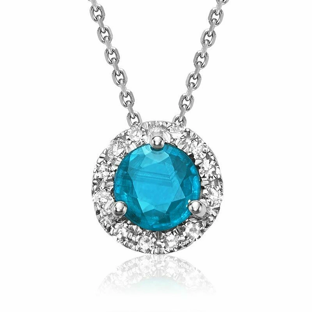 Blue Topaz & Diamond Halo Pendant 0.06CTDI White Gold