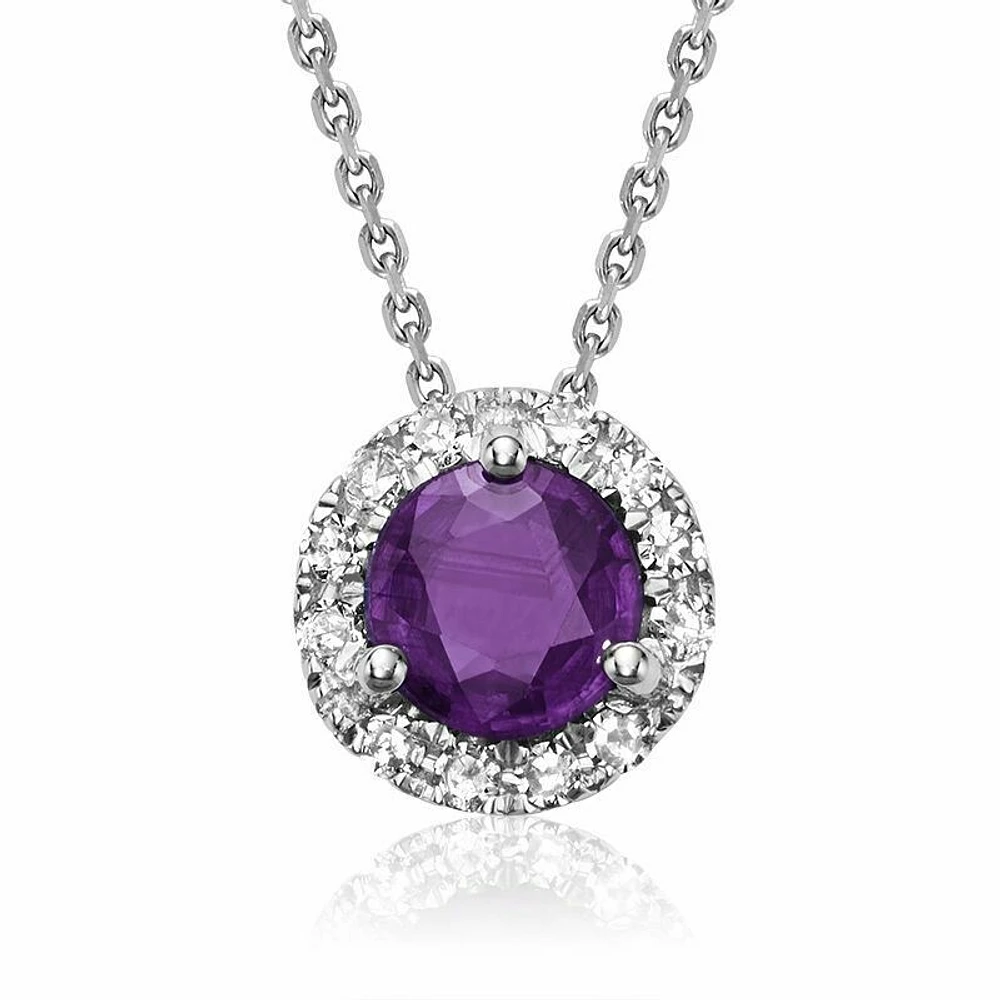 Amethyst & Diamond Halo Pendant 0.06CTDI White Gold