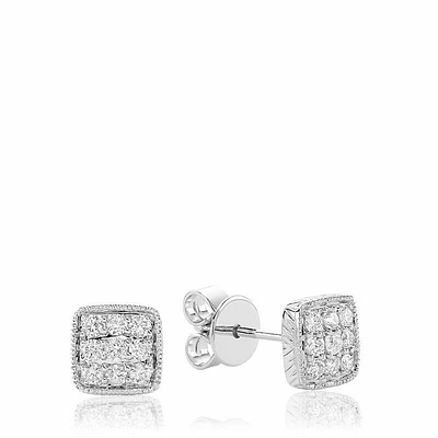 Square Milgrain Diamond Stud Earrings White Gold