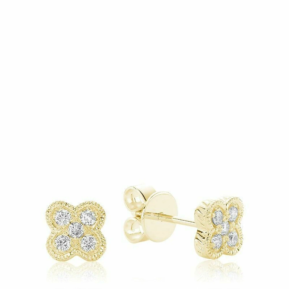 Clover Milgrain Diamond Stud Earrings Yellow Gold