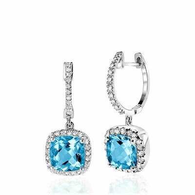 Cushion Cut Blue Topaz & Diamond Halo Earrings White Gold