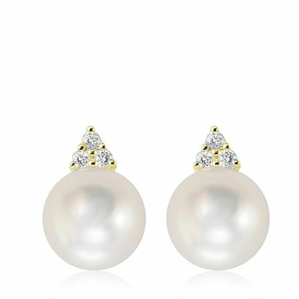 Cultured Freshwater Pearl & Diamond Stud Earrings Yellow Gold