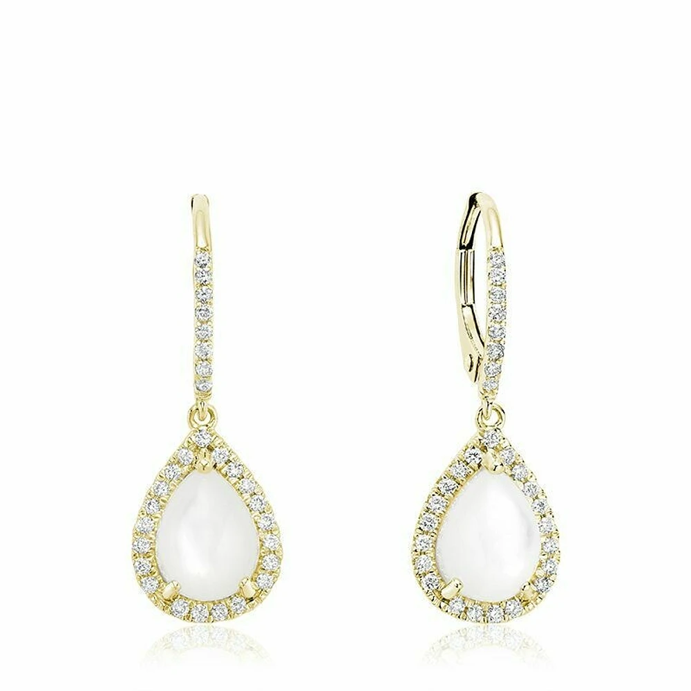 Tear Drop Mother of Pearl & Diamond Dangle Earrings Yellow Gold