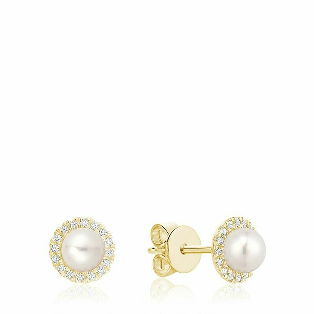 Freshwater Pearl & Diamond Earrings 5MM Pearl Yellow Gold