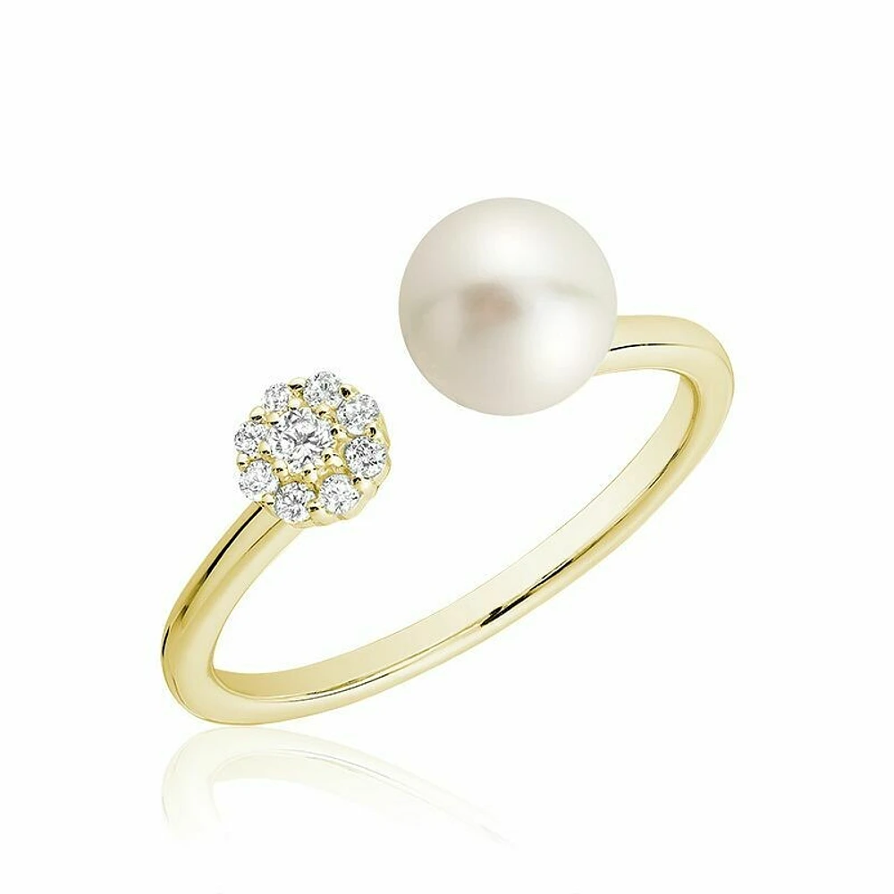 Open Pearl Ring with Cluster Setting Diamonds Yellow Gold