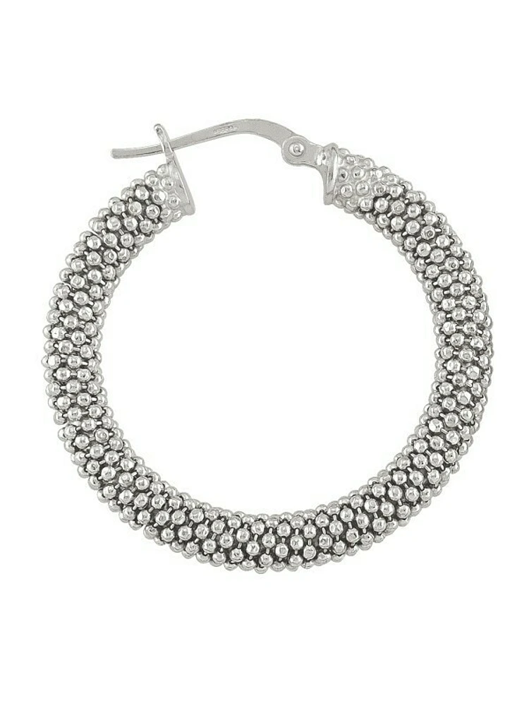 Sterling Silver Rhodium Plated Fancy Mesh Hoop Earring