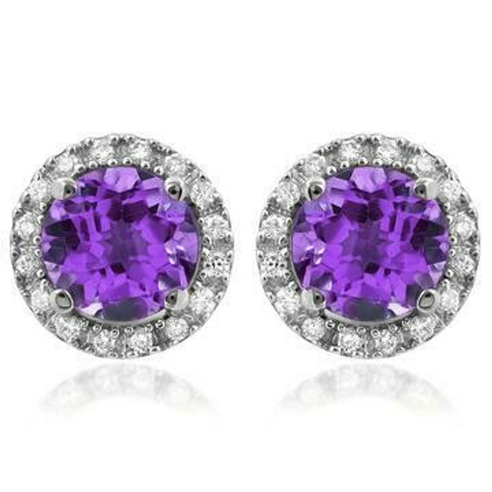 Amethyst Stud Earrings with Diamond Halo 14KT Gold