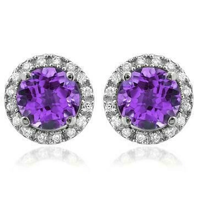 Amethyst Stud Earrings with Diamond Halo 14KT Gold