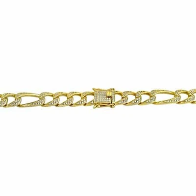 Sterling Silver With Gold, 8mm Figaro Bracelet With Cubic Zirconia