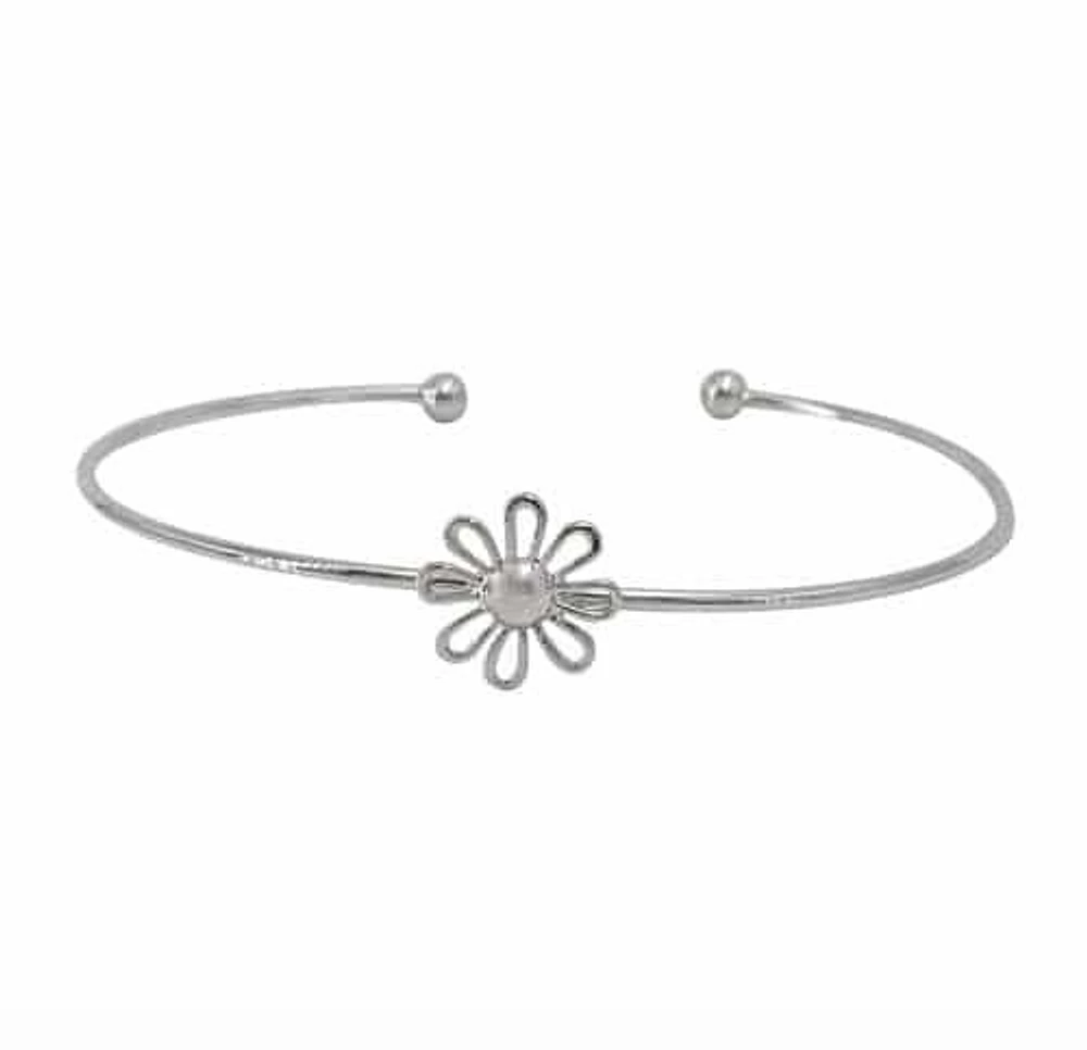 Sterling Silver With Rhodium, 13mm Flower Charm Cuff Bracelet
