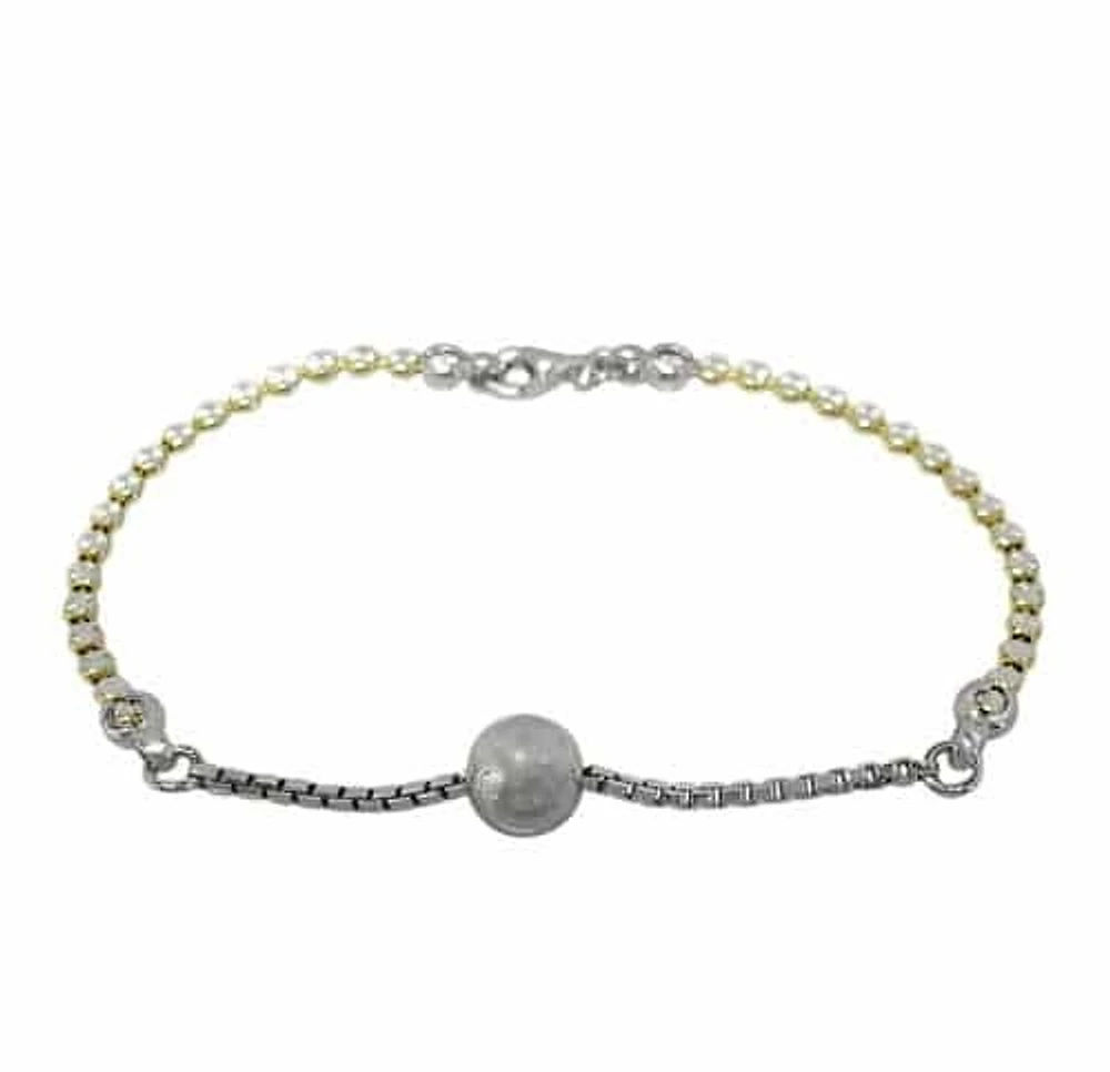 Sterling Silver With Rhodium/Gold, Bead Bracelet With 8mm Center Bead