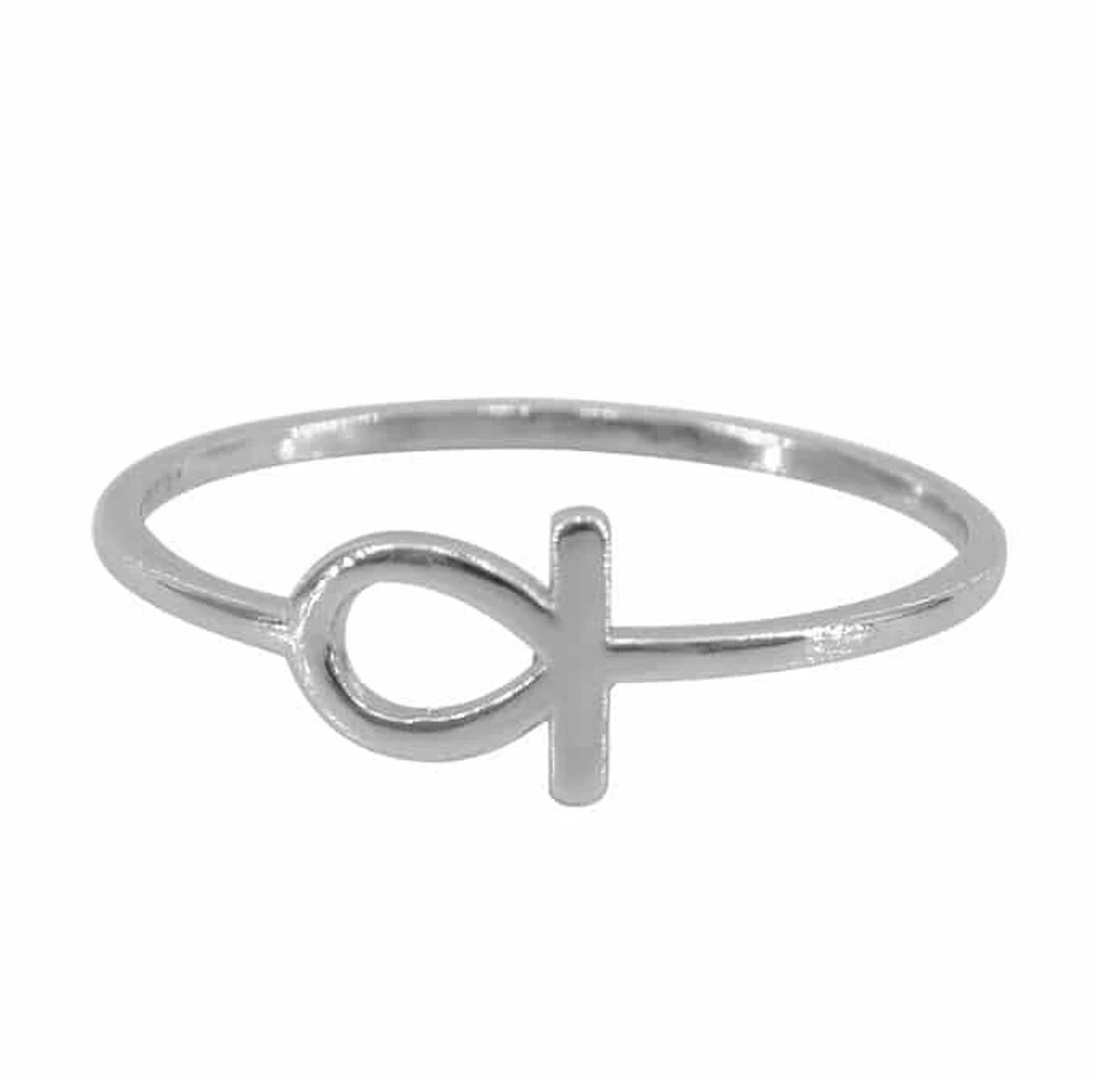Sterling Silver With Rhodium, 7mm Ankh Cross Ring With 1mm Band