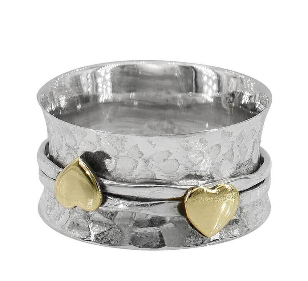 Sterling Silver With Brass Band, 2 Tone Meditation Heart Ring With Hammered Finished, 10mm Width